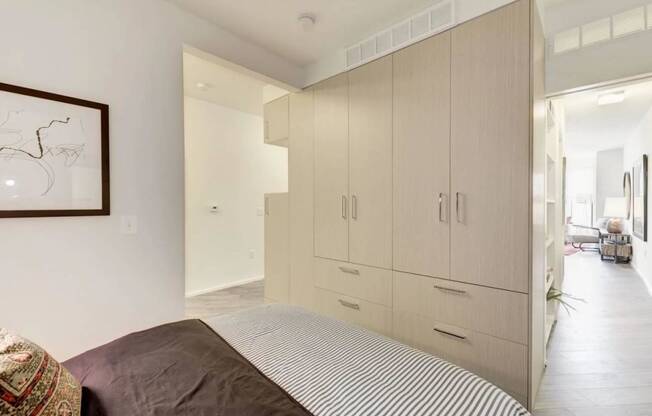 a bedroom with a bed and a closet