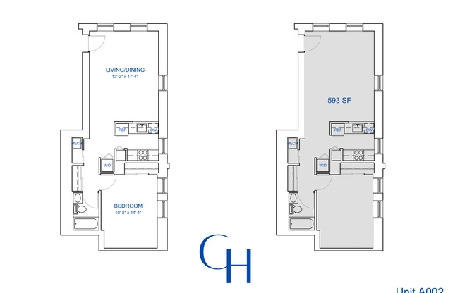 1 bed, 1 bath, 593 sqft, $1,744, Unit A-002
