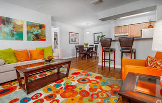 a living room with a colorful rug and a kitchen with a table and chairs