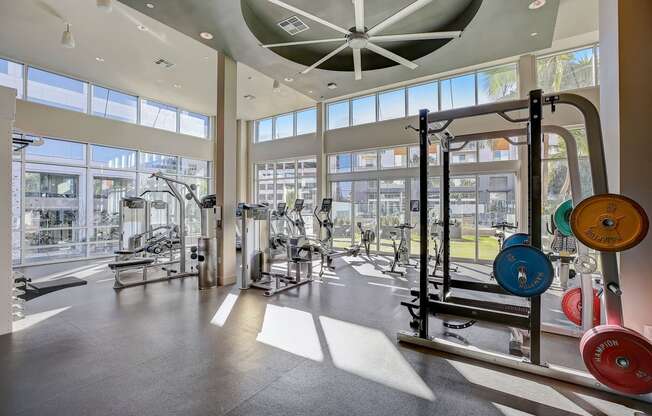 a gym with weights and other equipment in a building with large windows