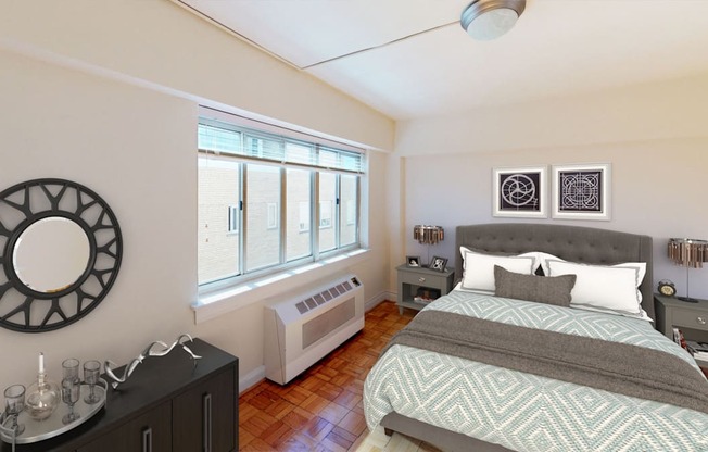 Bedroom with bed, nightstands, and large windows at sherry Hall apartments in washington dc