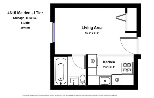 Studio, 1 bath, 225 sqft, $1,125, Unit 4615-2I