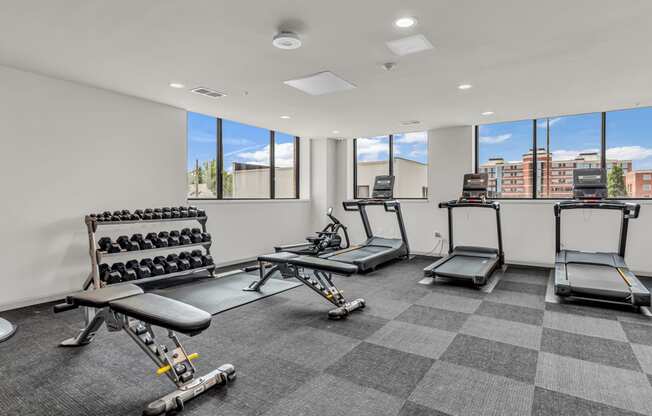 the gym with treadmills and weights at the belgard apartments