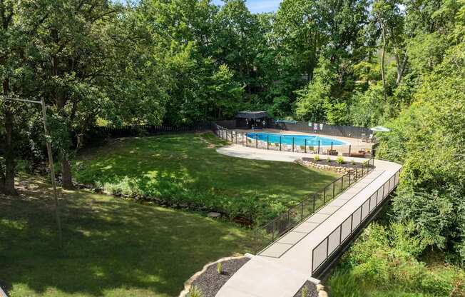 A pool surrounded by a green forest.