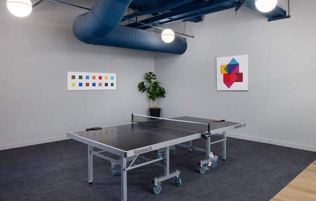 A ping pong table is in the middle of a room with a plant and two paintings on the wall.