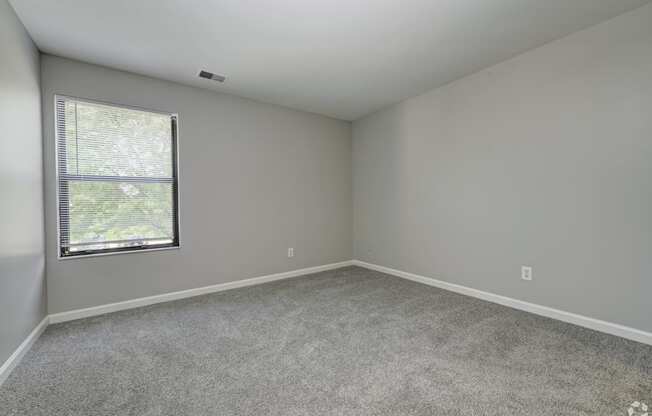 an empty room with a window and carpet