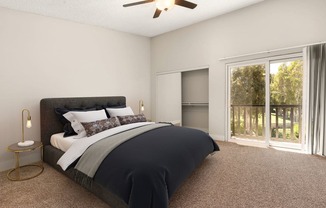 a bedroom with a bed and a ceiling fan