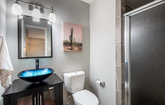 Modern bathroom in Stadium 700 apartments with a basin sink, toilet, and shower with frosted glass door.