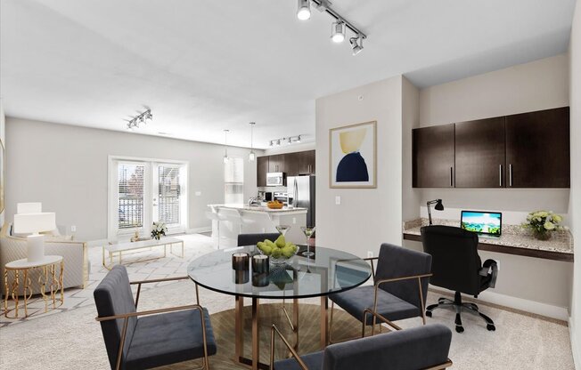 a living room and dining room with a glass table