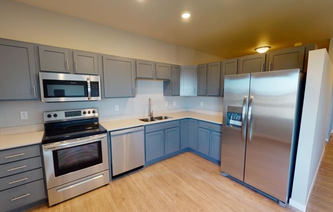 a kitchen with stainless steel appliances and blue cabinets