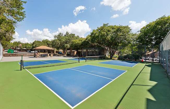 a pickleball court with two blue and green tennis courts