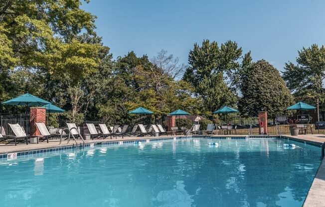 a swimming pool with chairs and umbrellas