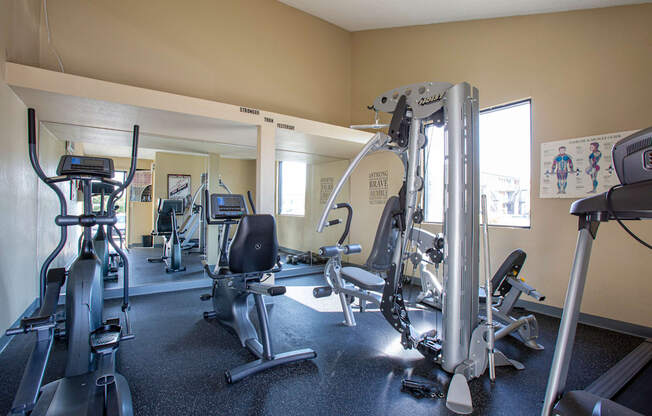 a gym with cardio equipment and weights on the floor