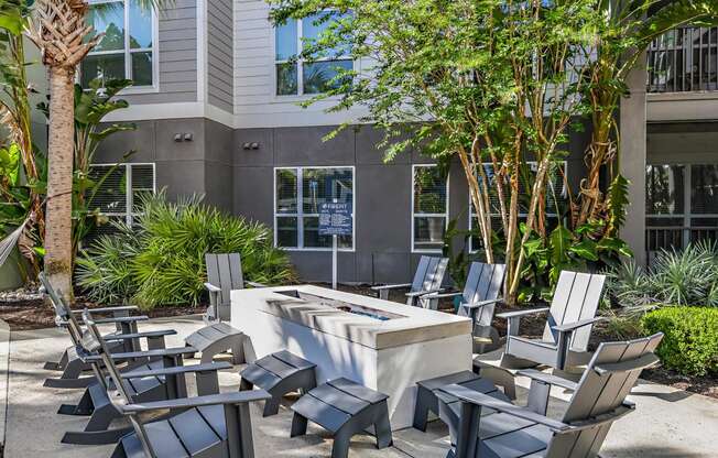 an outdoor patio with chairs and a fire pit