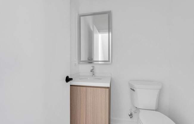 a bathroom with a toilet sink and a mirror at The Franklin Marlboro Apartments, New Jersey, 07746
