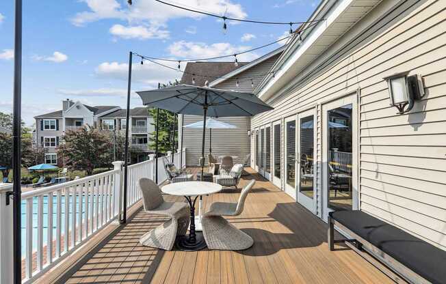 A patio with a table and chairs overlooking a pool.