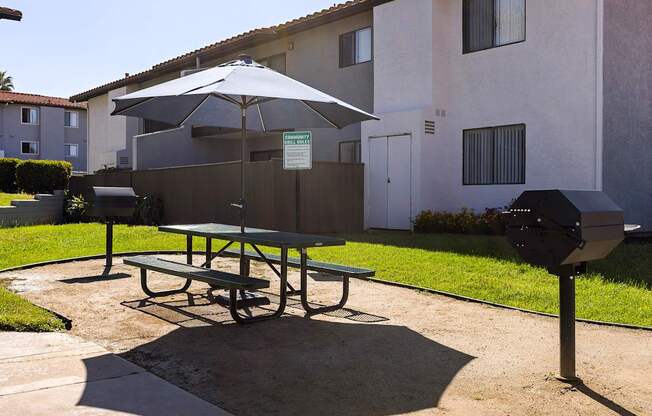 A picnic table with an umbrella is in front of a building.
