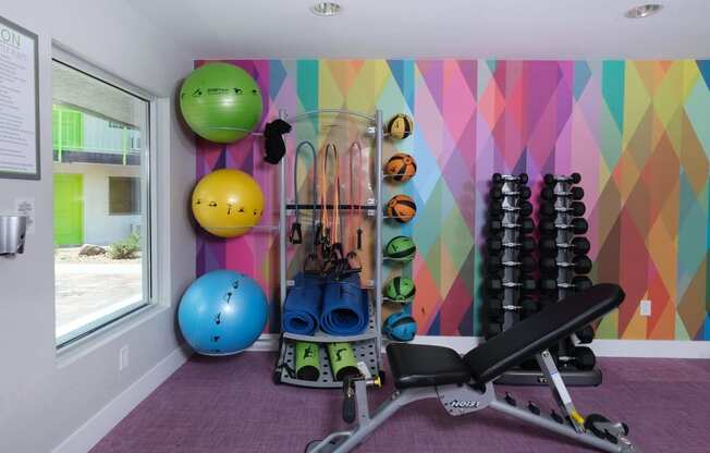 Fusion Las Vegas Apartments with fitness center with weight training equipment and body weight equipment stored against a colorful geometric wall.