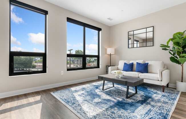 a living room with a white couch and a blue rug