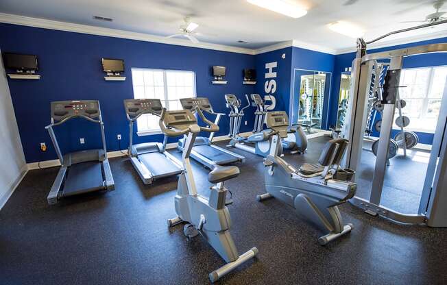 A gym with treadmills, exercise bikes, and weight machines.