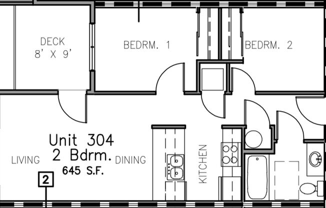 2 beds, 1 bath, 645 sqft, $1,800, Unit 304
