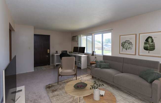 Living Room with Couch, TV and Work Desk