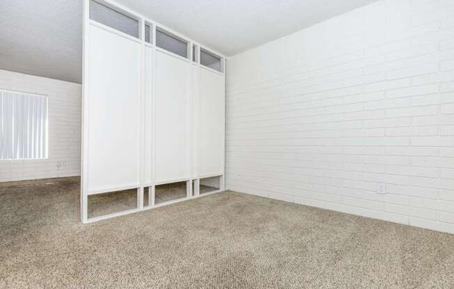 A white closet with a carpeted floor and a white wall.