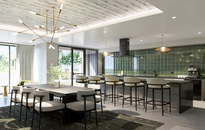 a dining room with a long table and chairs and a kitchen at Boardwalk at Research Park, Alabama