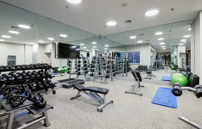 a gym with weights and other exercise equipment and a television