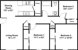 3 beds, 1 bath, 970 sqft, $950, Unit 1-47