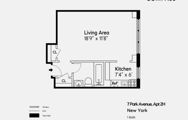 Studio, 1 bath, $3,500, Unit 2H