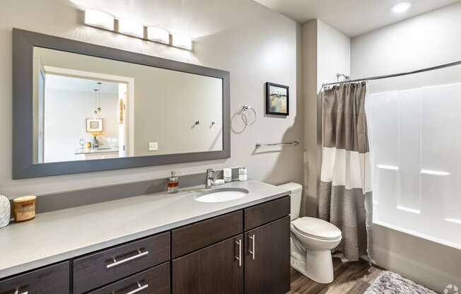 a bathroom with a large mirror and a toilet and a shower