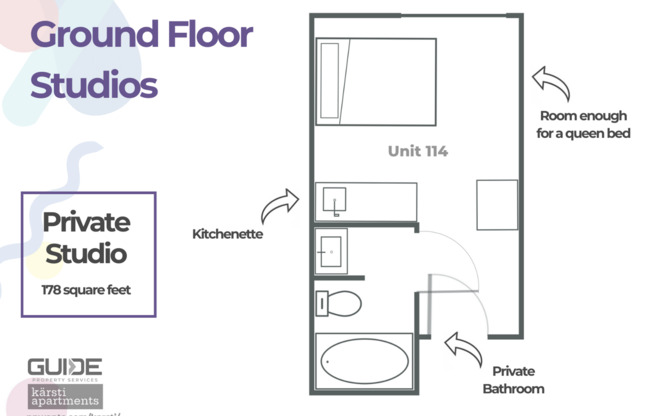 Studio, 1 bath, 206 sqft, $960, Unit 114