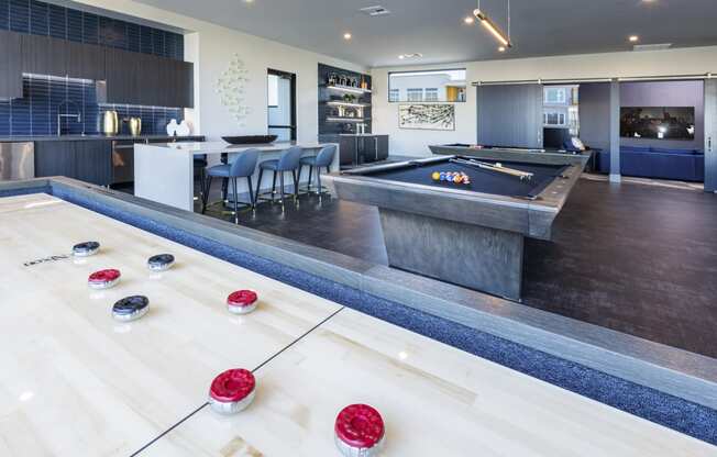 Social Lounge with Billiards, Shuffleboard, and Kitchenette at Zeta Luxury Apartments in Sacramento, CA