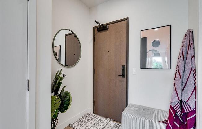 Woden door with a mirror and a rug