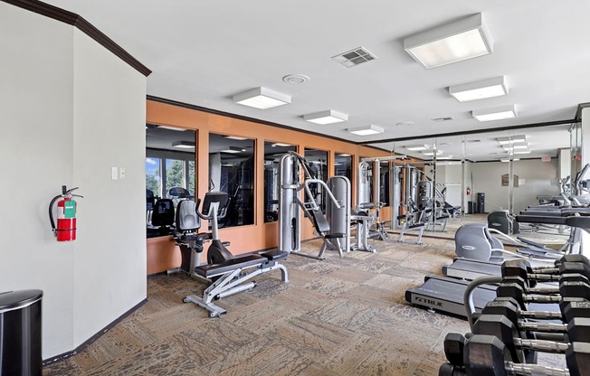 A gym with a variety of equipment including treadmills, weights, and exercise machines.