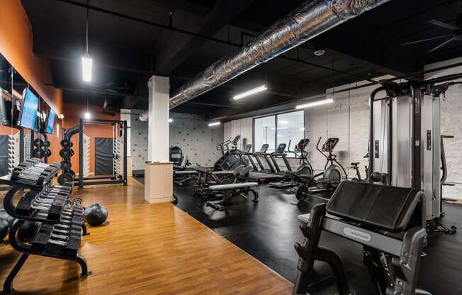 a gym with cardio machines and weights on a wooden floor