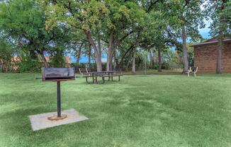 barbecue and picnic table with green trees