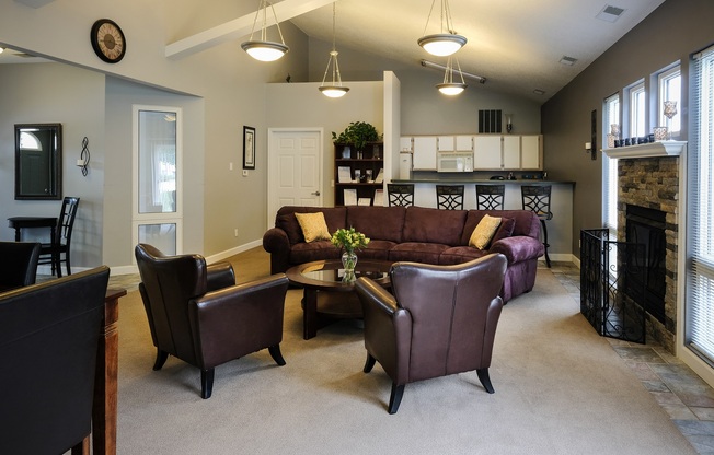 spacious clubhouse, upgraded furniture, kitchen space, small rental for guests, at regency apartments in Bettendorf Iowa
