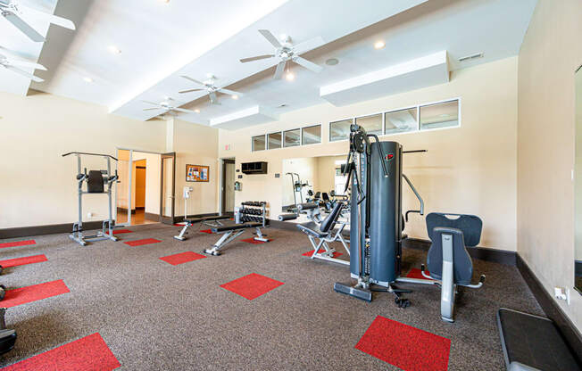 a gym with weights and cardio equipment on the floor and a ceiling fan
