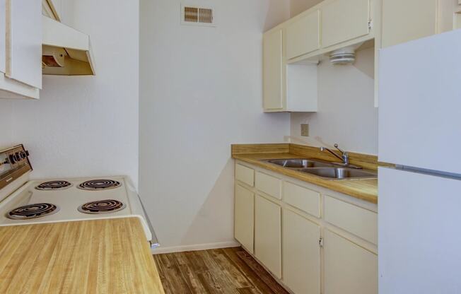 a kitchen with a stove and a sink and a refrigerator