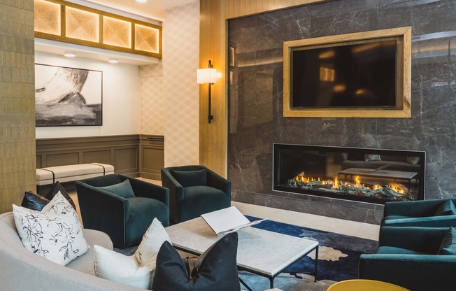 Expansive clubroom with a sleek fireplace