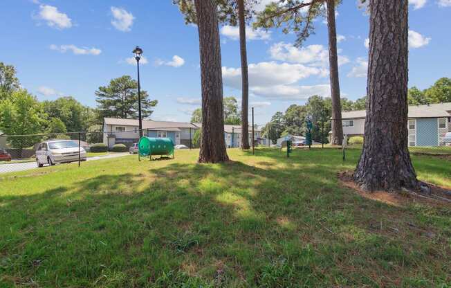 A park with a bench and trees.