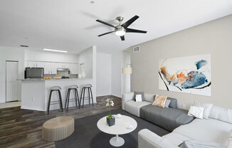Model living room and kitchen bar seating