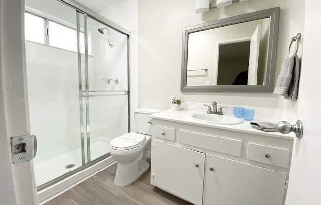 a bathroom with a sink toilet and shower
