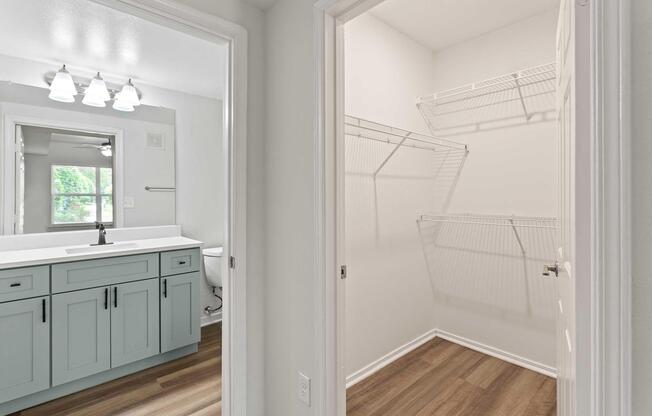 View of a bathroom leading to a walk-in closet. The bathroom features a light blue vanity with a sink and a mirror, while the closet is empty with wire shelving against the walls. The flooring is a warm wood tone, and there is natural light coming through a nearby window.