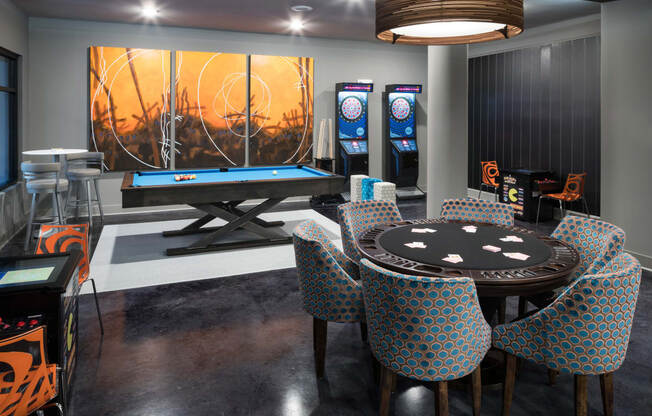 Game Room with Billiards, Shuffleboard, Darts, Vintage Arcade Gaming System, Poker and TVs