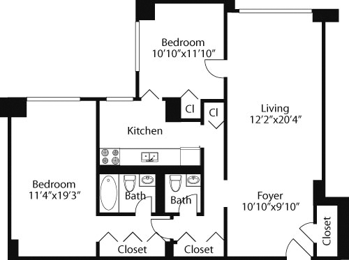 2 beds, 1 bath, 1,028 sqft, $7,158, Unit 14G