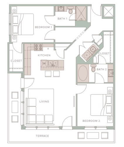 2 beds, 2 baths, 1,147 sqft, $1,725