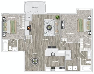 2 beds, 2 baths, 975 sqft, $1,488